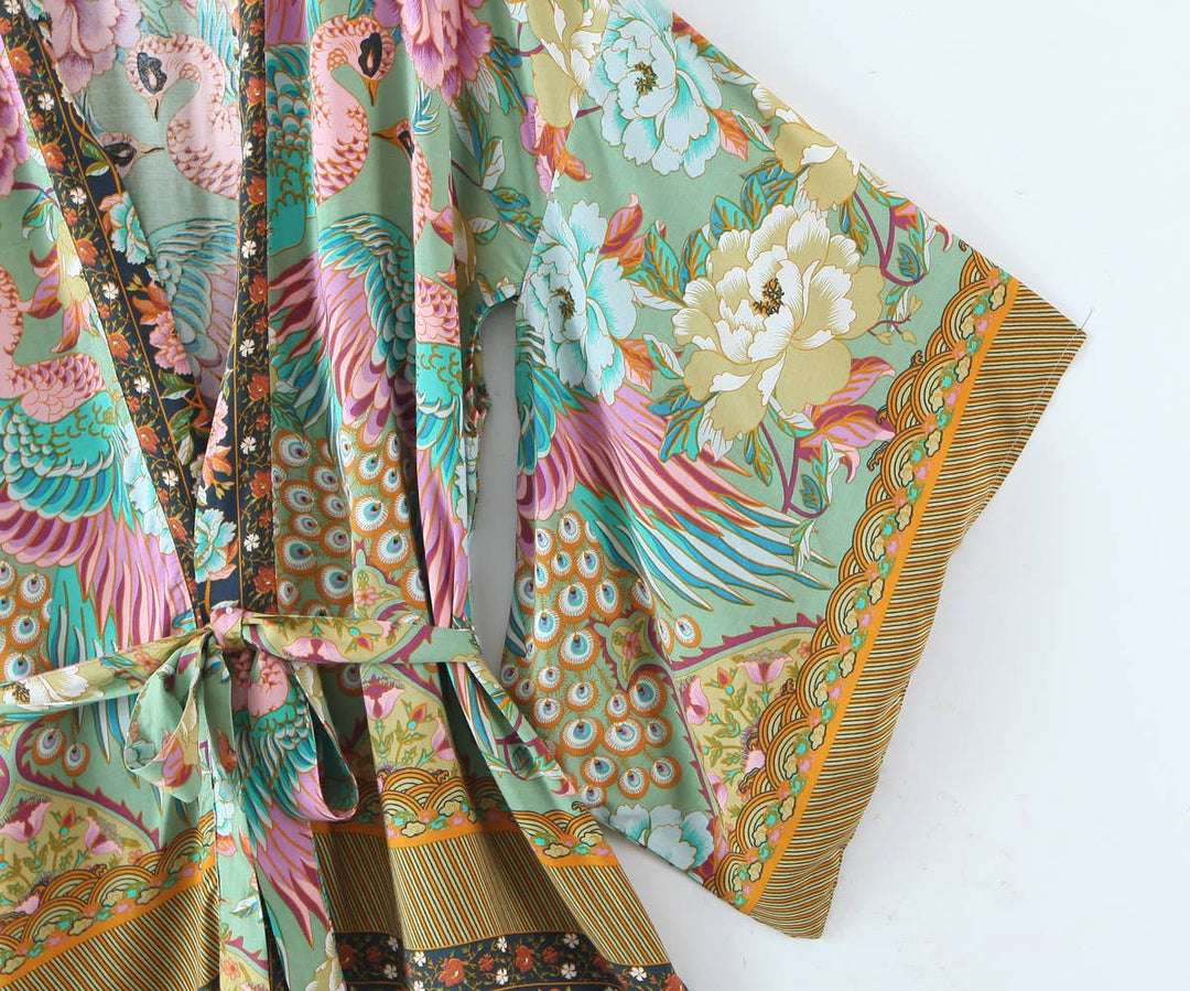 Vibrant Boho Beach Peacock Print Tie-Waist Kimono