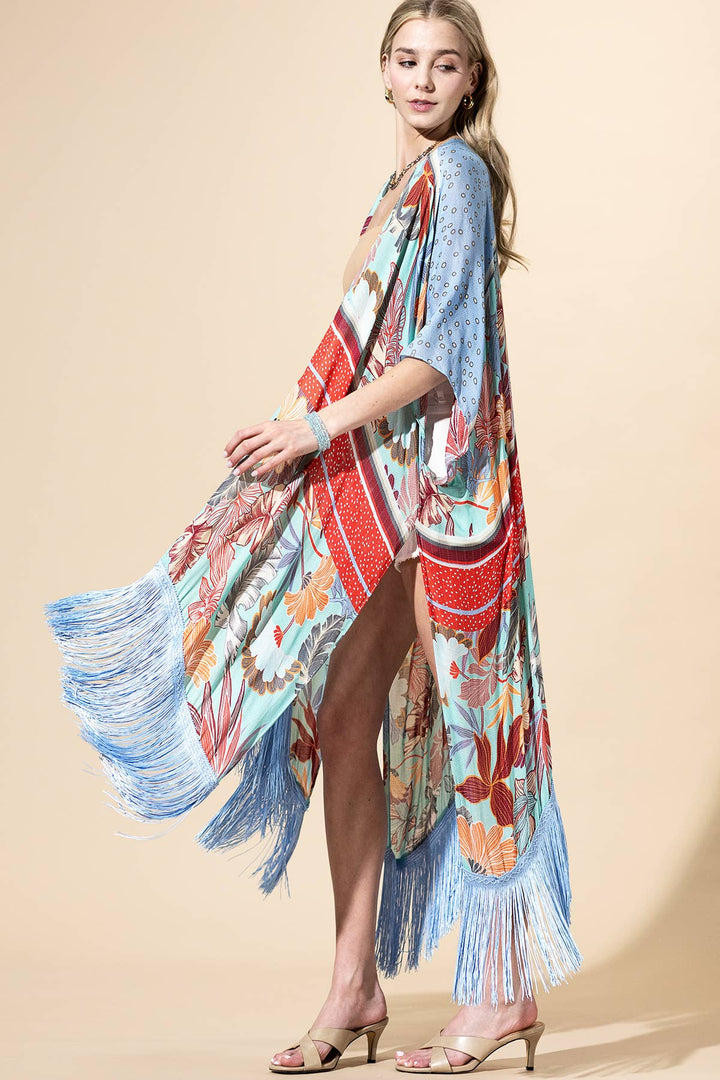 Azule Bloom Fringed Kimono