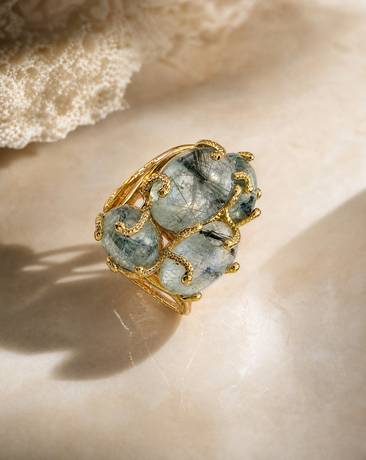 Prehnite Multi-Stone Statement Ring | Adjustable Open Band | Gemstone Cocktail Ring