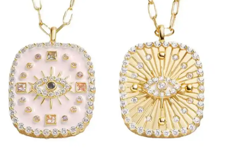 Evil Eye Protection Pendant Necklace – Pink Enamel & Gold Crystal Charm