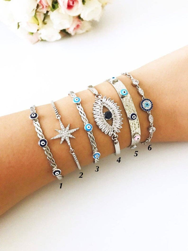 Silver Evil Eye Bracelet Set, Silver Bangle Bracelet, Cz Baguette Bracelet