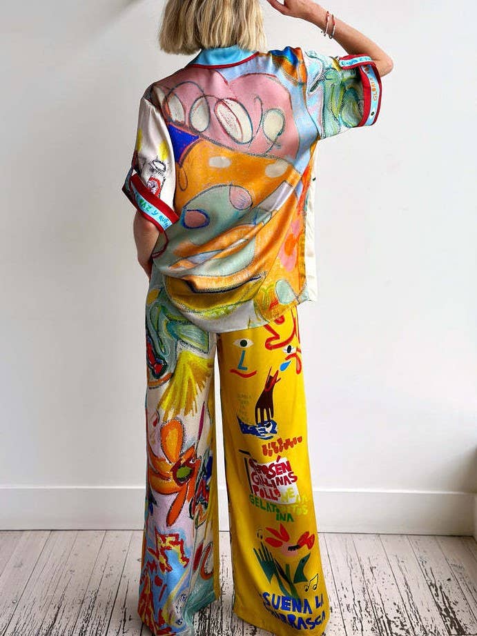 Unique Resort Print Loungewear Set With Elastic Waist And Pockets