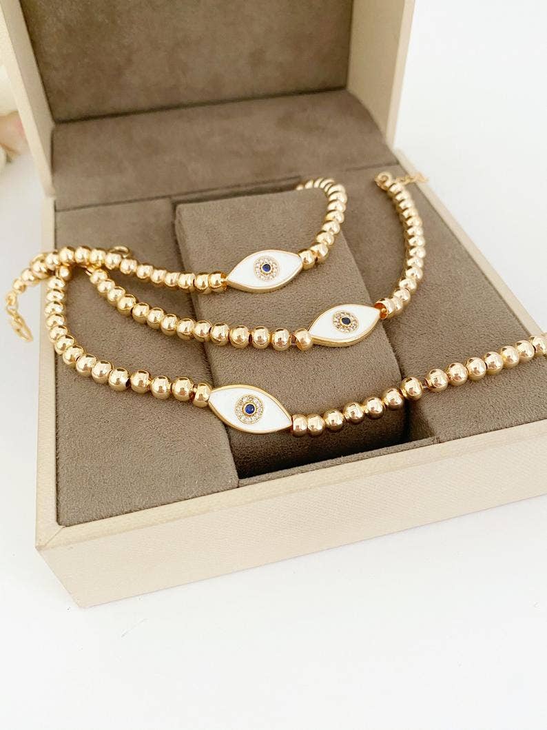 White and Gold Beaded Evil Eye Waterproof Bracelet