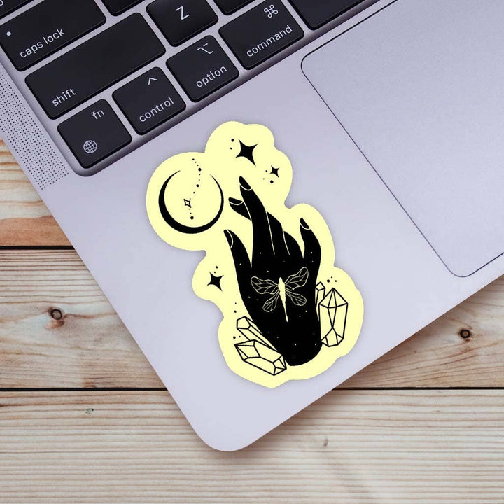 Mystic Crystals, Dragonfly, Moon, and Stars Sticker - Yellow