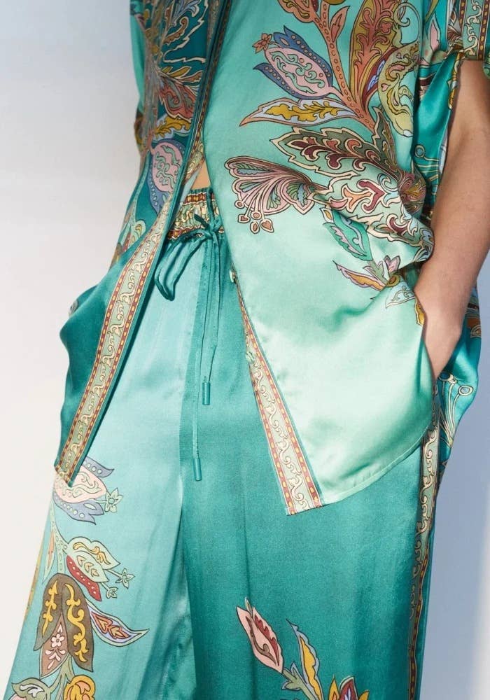 Satin Unique Retro Flower Print Shirt And Pants Set