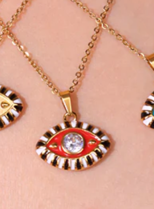 Evil Eye Third Eye Enamel and Crystal Pendant Necklace
