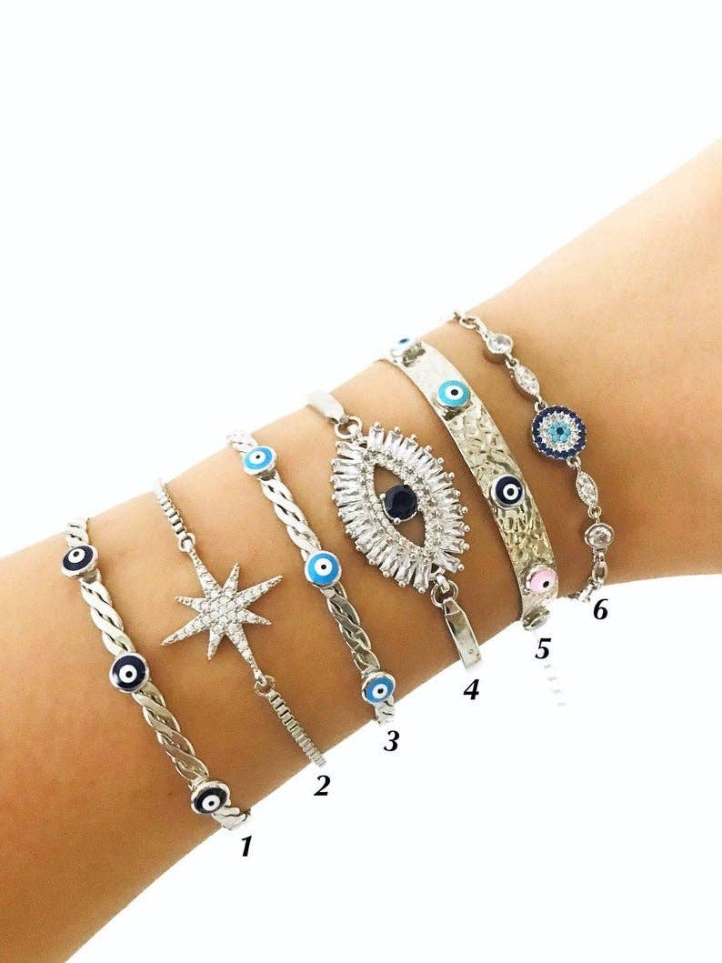 Silver Evil Eye Bracelet Set, Silver Bangle Bracelet, Cz Baguette Bracelet