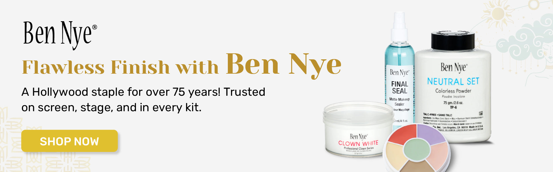 Ben Nye professional makeup — Flawless Finish collection featuring setting powder and makeup sealer, available at The Makeup Altar