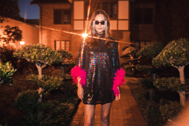 Time Warp Sequin Mini Dress with Feather Cuffs
