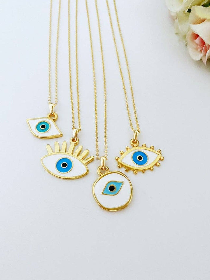 Gold Necklace With White Enamel Evil Eye Bead