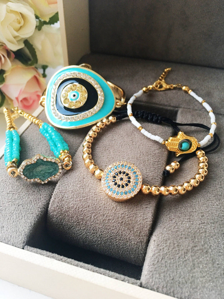 Adjustable Gold Bracelet: Style 1 in Pink (Hamsa Hand)