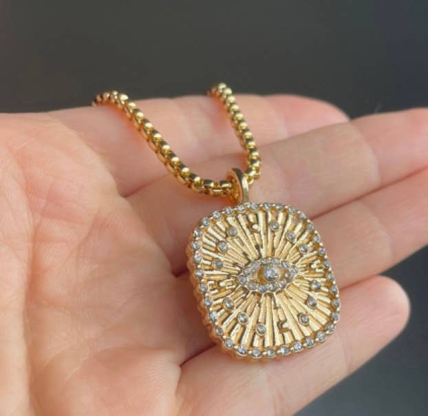 Evil Eye Protection Pendant Necklace – Pink Enamel & Gold Crystal Charm