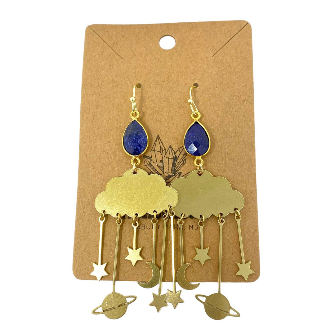 Moon and Stars Chandelier Earrings with Sapphire Pendant