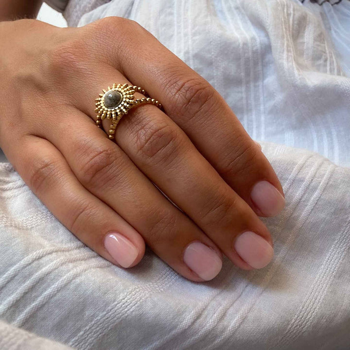 Golden Sunbeam Larvakite Ring on a hand that is tilted