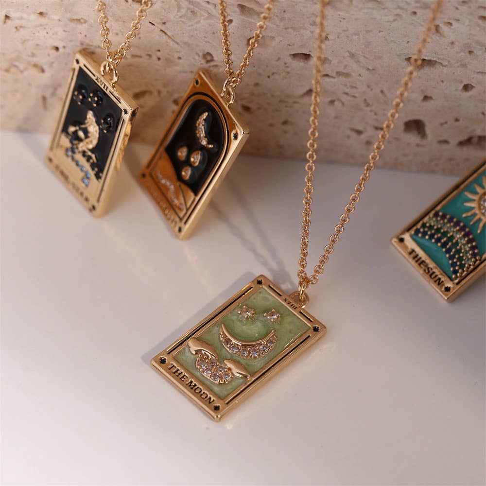 The Moon Enamel Tarot Card Necklace 18K with rhinestones stones