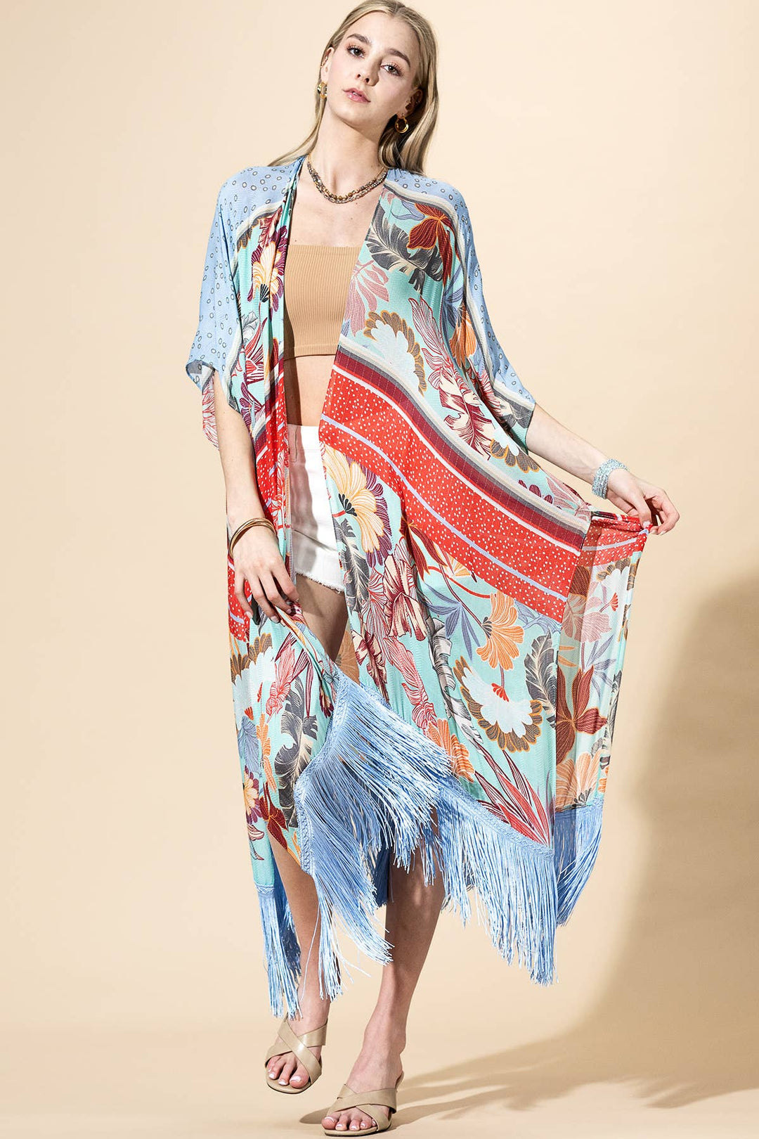 Azule Bloom Fringed Kimono