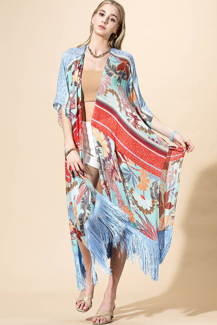 Azule Bloom Fringed Kimono