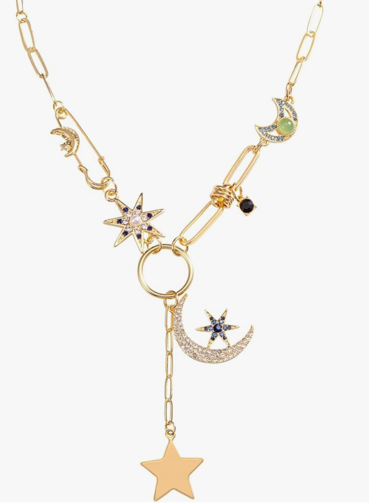Celestial Coin Charm Hamsa Necklace with Lariat Moon