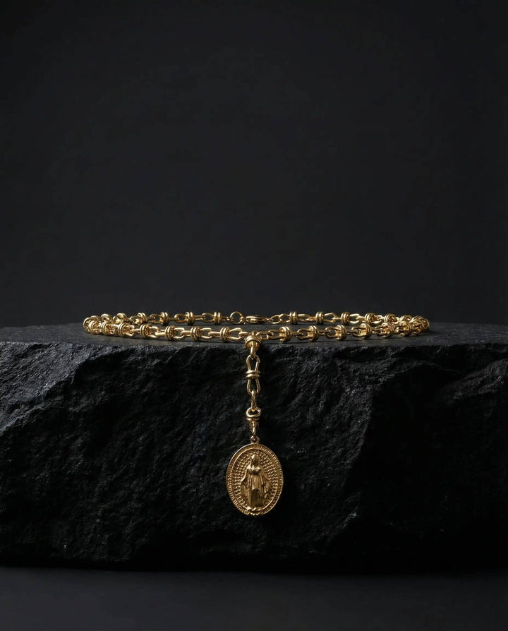 Virgin Mary Medal Necklace with Colored Zircons · 18K Gold Plated