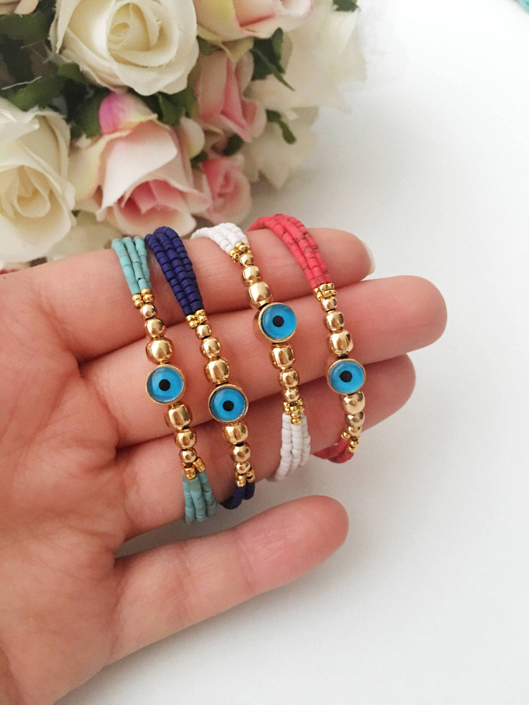 Blue Evil Eye Bracelet with Seed Beads and Evil Eye Charm Bracelet