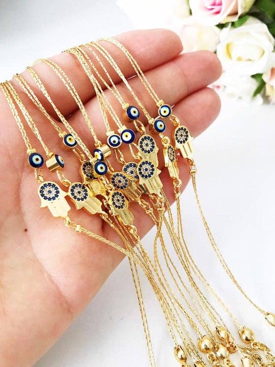 Hamsa Evil Eye Bracelet, Gold Chain Bracelet, Greek Jewelry