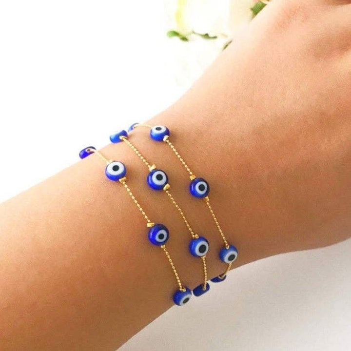 Blue Evil Eyes on Dainty Gold Bead Chain Bracelet