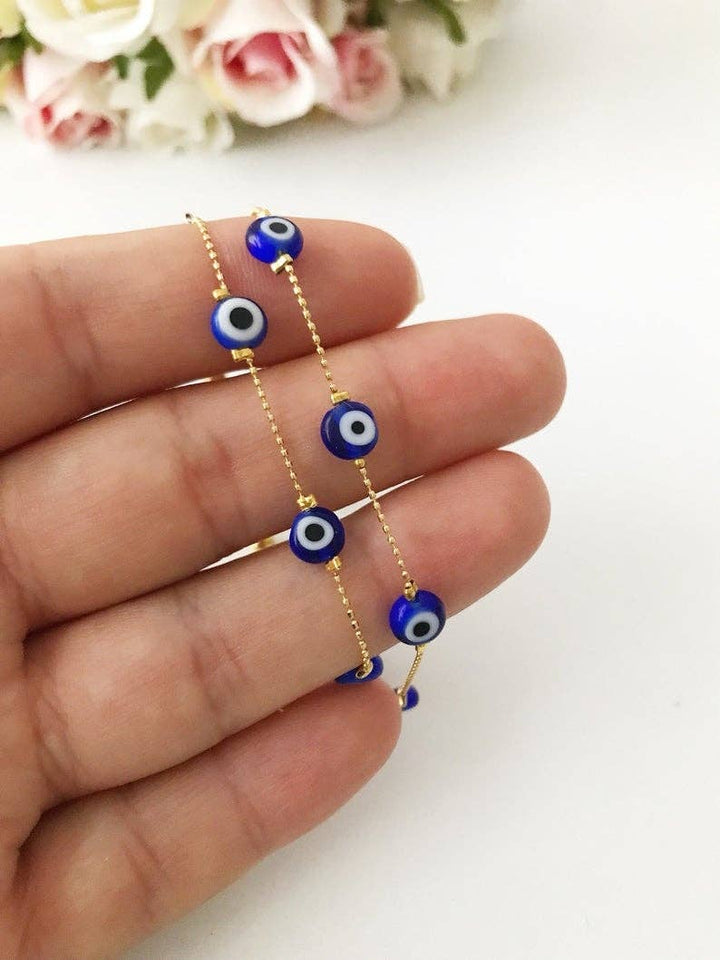 Blue Evil Eyes on Dainty Gold Bead Chain Bracelet