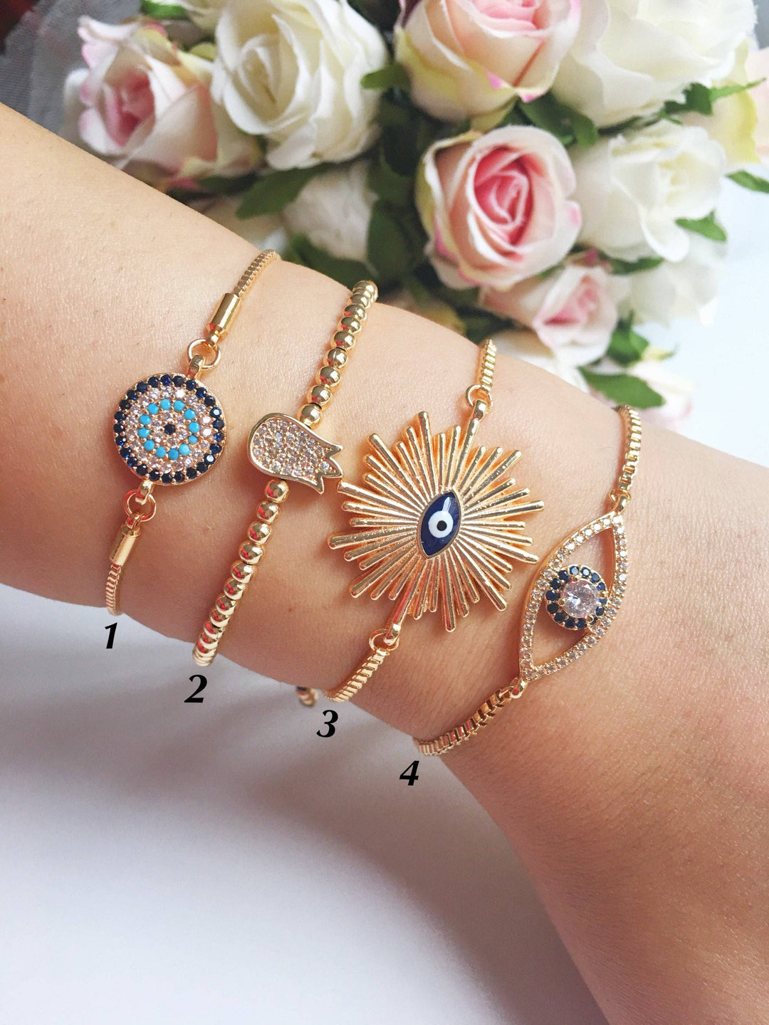 Gold Evil Eye Bracelet, Adjustable Greek Jewelry