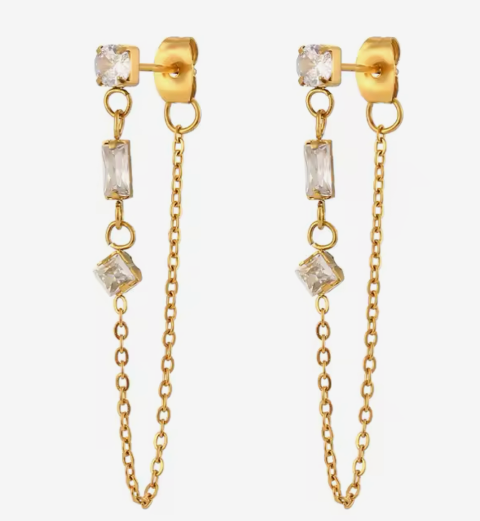 Chain Earring- 3 CZ station Chain Stainless Steel 14K Gold