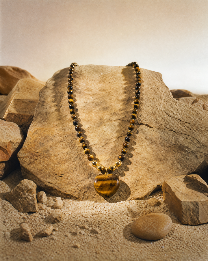 Tiger Eye Beaded Necklace | Handmade Boho Heart Necklace