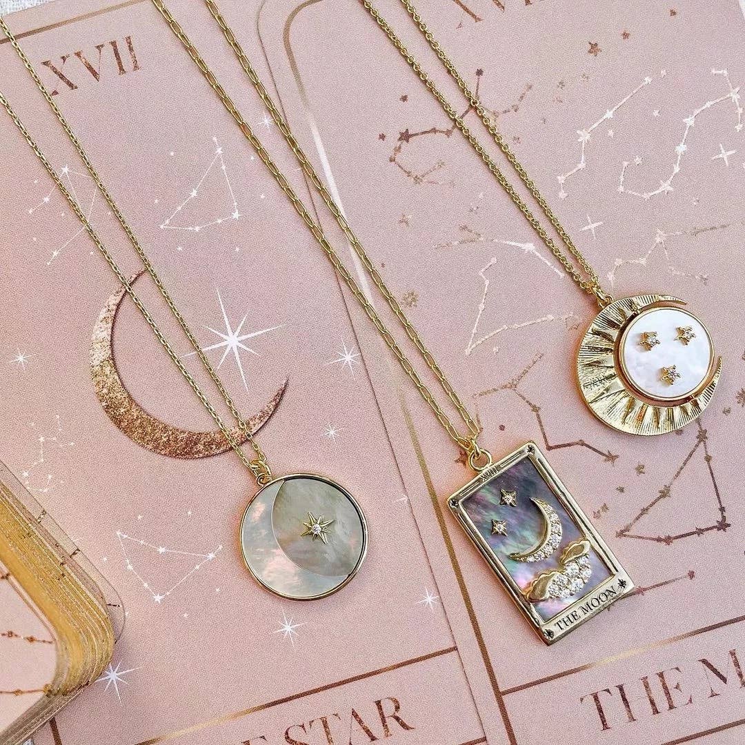 The Moon Enamel Tarot Card Necklace 18K with rhinestones stones