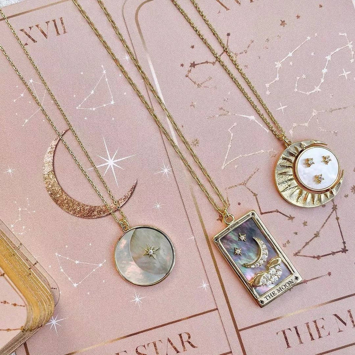 The Moon Enamel Tarot Card Necklace 18K with rhinestones stones