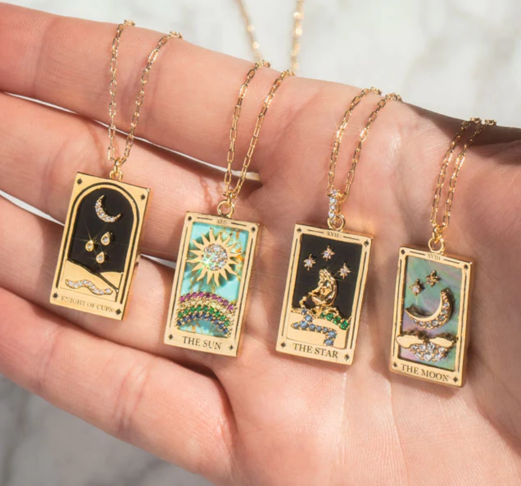 The Moon Enamel Tarot Card Necklace 18K with rhinestones stones