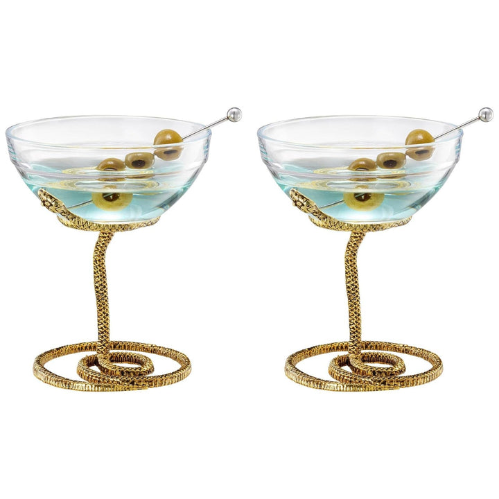 Snake Serpent Cocktail & Martini Glasses - 2 Set Gold Design