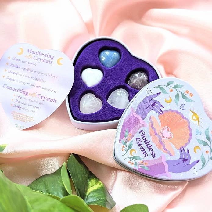 The Crystal Heart Tin Set with the five crystals included, the top, and crystal information