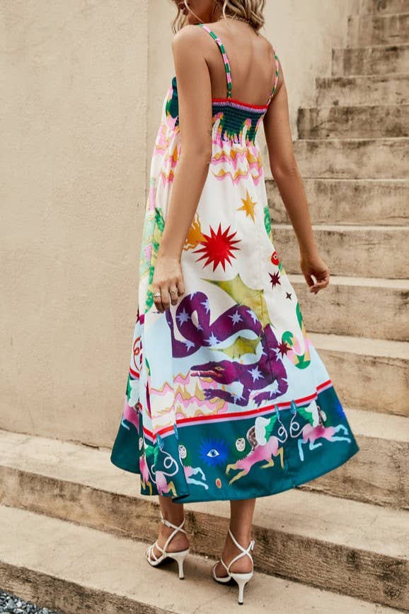 Wonderland print swing strap fairy midi dress