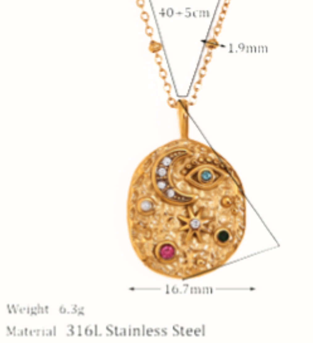 Confetti Coin- Evil Eye- Moon and Stars- Stainless Steel 14K