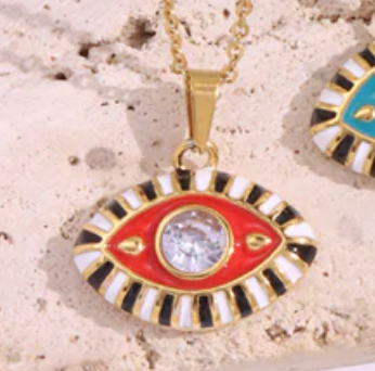 Evil Eye Third Eye Enamel and Crystal Pendant Necklace