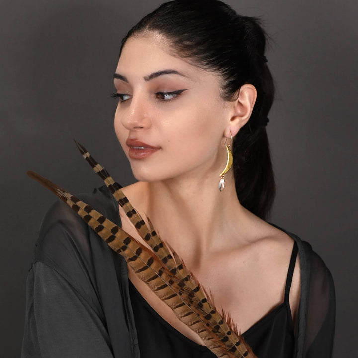 Long Hammered Moon w/ Semi Precious Crystal Point Earrings