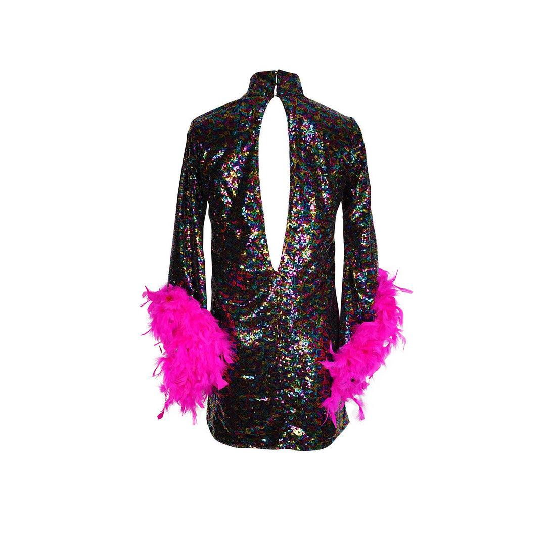 Time Warp Sequin Mini Dress with Feather Cuffs