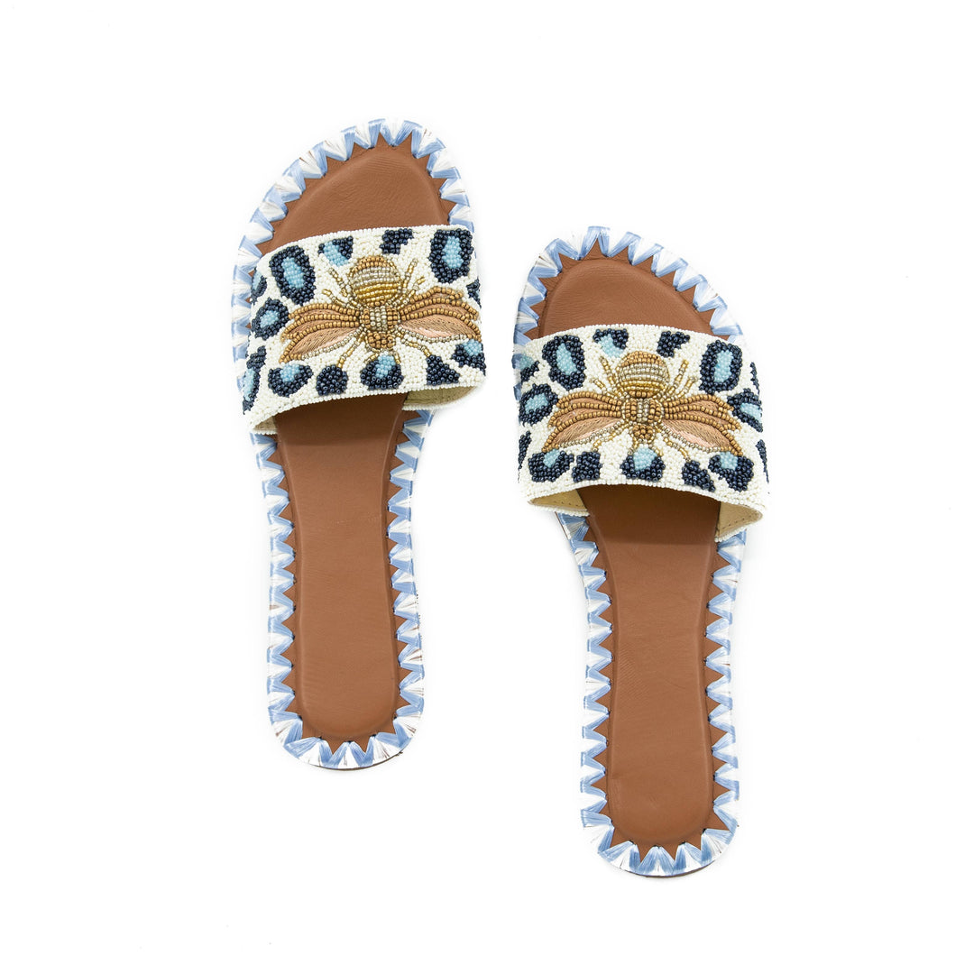 Queen Bee Beaded Slides. Blue Leopard Glam