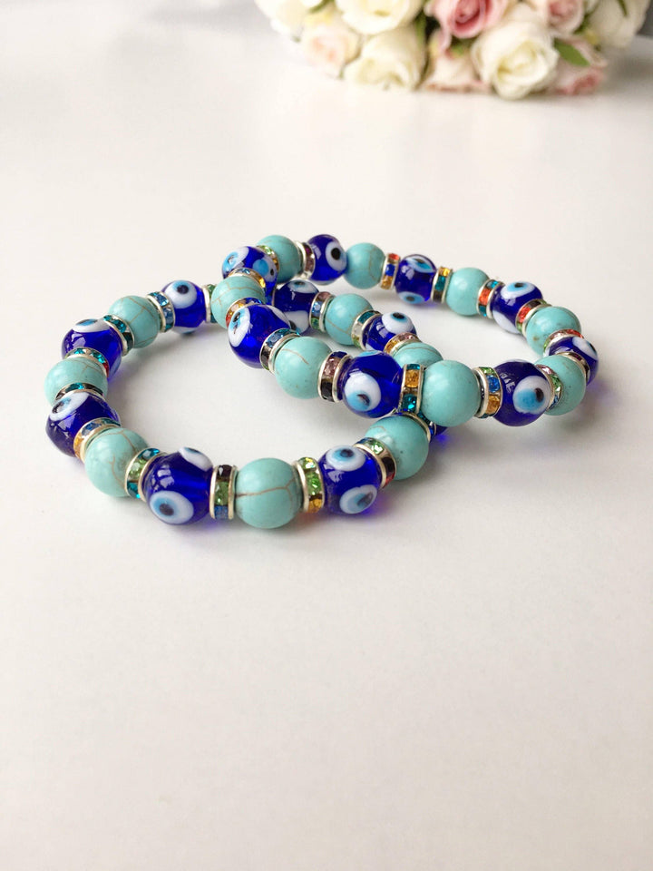 Blue Evil Eye Glass Bead Stretch Bracelet