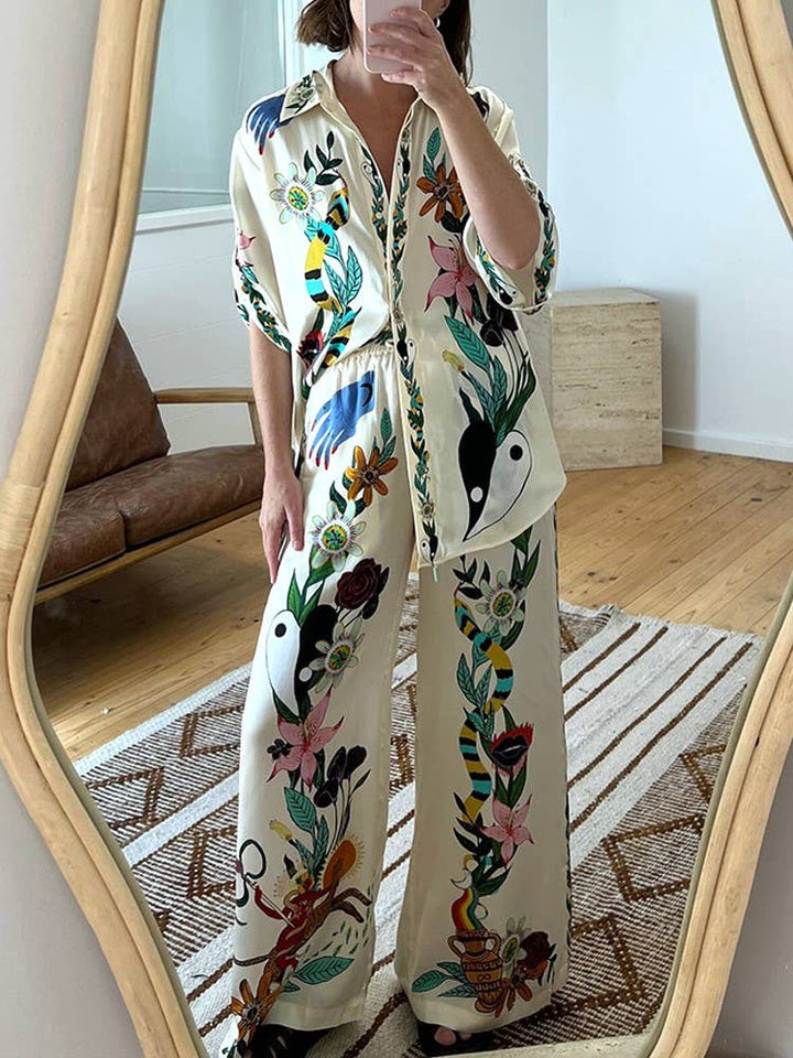 Loose Vintage Print Shirt Trouser Set