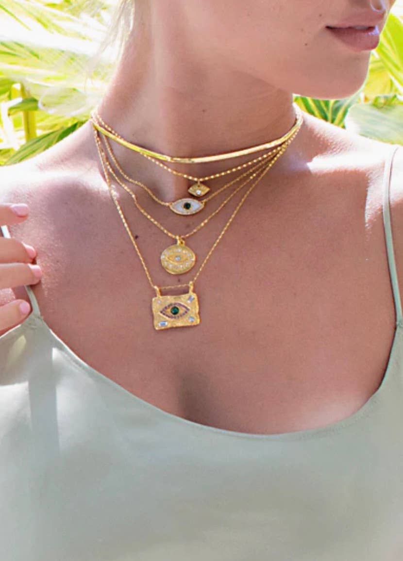 Evil Eye Protection Medallion Talisman 14K Gold Crystal Neck