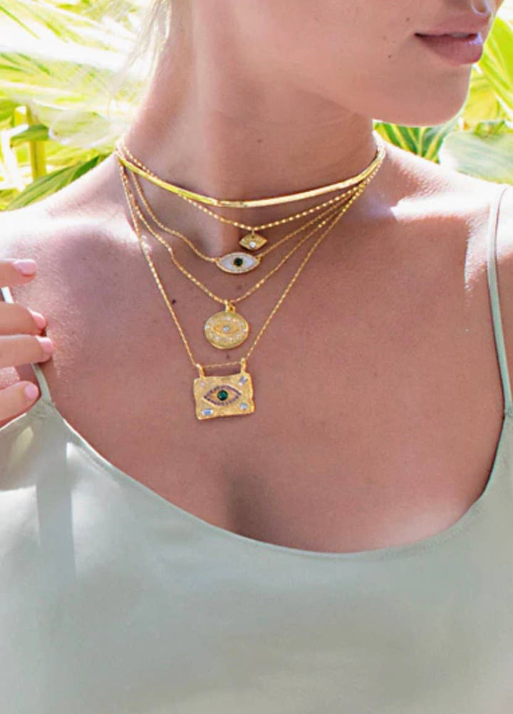 Evil Eye Protection Medallion Talisman 14K Gold Crystal Neck