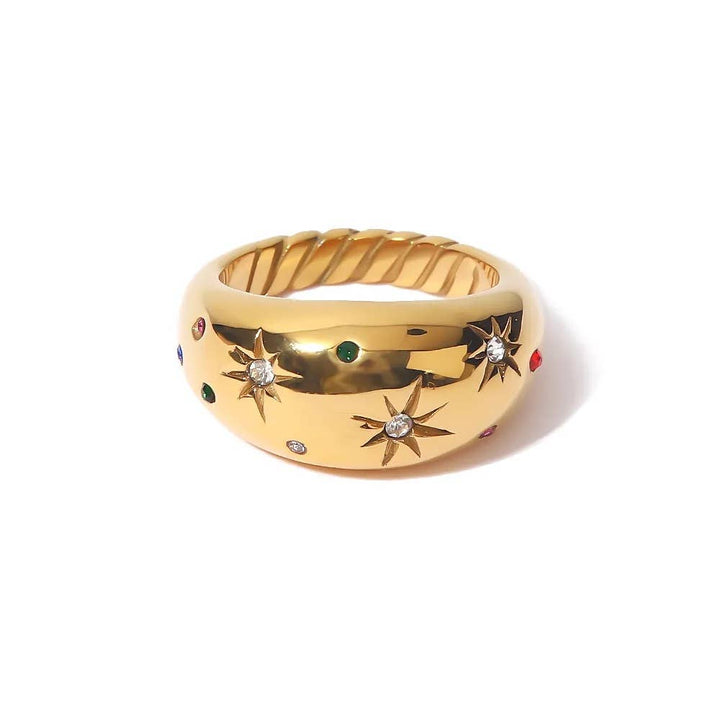 Dome Ring- Galaxy Confetti Ring- Steel 14K Gold Crystals