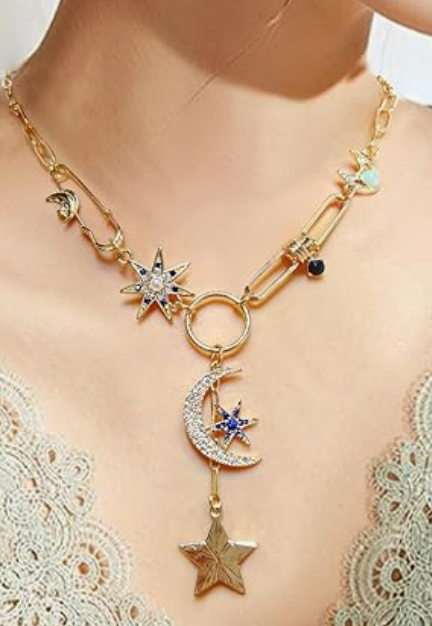 Celestial Coin Charm Hamsa Necklace with Lariat Moon