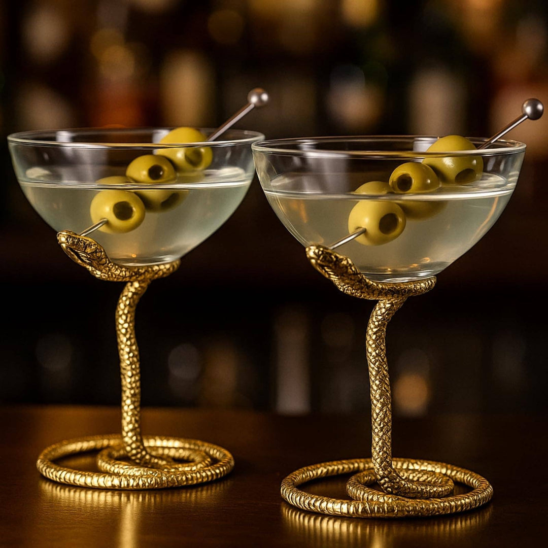 Snake Serpent Cocktail & Martini Glasses - 2 Set Gold Design