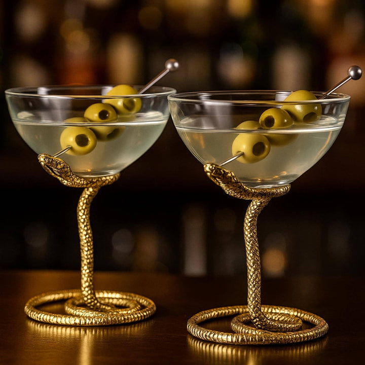 Snake Serpent Cocktail & Martini Glasses - 2 Set Gold Design