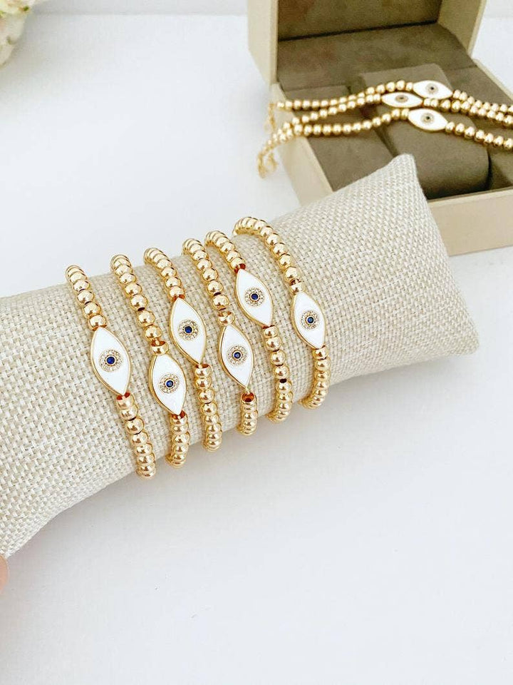White and Gold Beaded Evil Eye Waterproof Bracelet